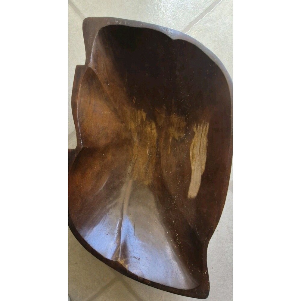 Vintage Mid Century Hand Carved Large Wooden Leaf Bowl Dark Finish Rustic Folk